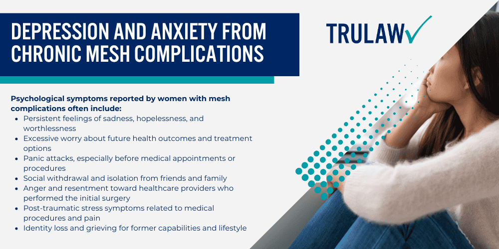 How Can A Transvaginal Mesh Attorney from TruLaw Help You; Common Transvaginal Mesh Complications After Surgery; Recognizing Mesh Erosion and Its Physical Symptoms; Physical Impact of Transvaginal Mesh Complications; Mesh Exposure Leading to Chronic Pain and Dysfunction; Emotional and Social Effects of Mesh Complications; Depression and Anxiety from Chronic Mesh Complications