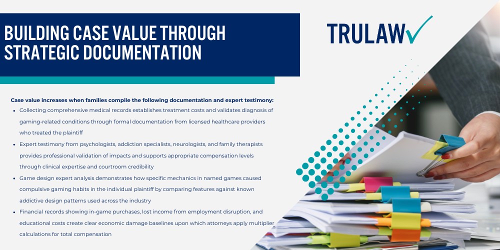 Estimated Video Game Addiction Lawsuit Settlement Amounts; Settlement Projections by Case Severity; Why No Standardized Settlement Amounts Exist Yet; Factors That Affect Video Game Addiction Lawsuit Payout Amounts; Severity and Duration of Addiction; Age at Addiction Onset; Documentation and Evidence Quality; Types of Damages Recoverable in Video Game Addiction Lawsuits; Economic Damages; Non-Economic Damages; Punitive Damages Potential; Video Game Companies and Games Named in Addiction Lawsuits; Major Defendant Companies; Specific Games and Addictive Features Alleged; How Video Game Addiction Settlement Values Are Calculated; Settlement Calculation Methodologies; Building Case Value Through Strategic Documentation
