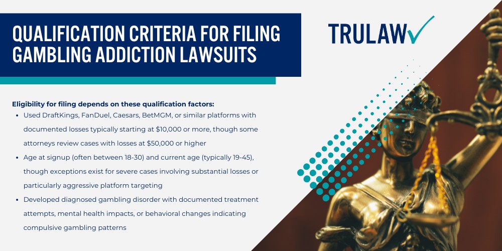 Knowing Gambling Addiction Lawsuit Settlement Amounts; Projected Settlement Ranges for Gambling Addiction Cases; Factors That Determine Individual Settlement Values; The Legal Basis for Gambling Addiction Lawsuits; Platforms Named in Current Gambling Addiction Litigation; Allegations Against Online Gambling Platforms; Factors Affecting Gambling Addiction Settlement Amounts; Financial Loss Documentation and Calculation Methods; Evidence of Platform Targeting and Exploitation; Types of Damages Available in Gambling Addiction Cases; Economic Damages in Gambling Addiction Claims; Non-Economic and Punitive Damages; How Online Gambling Platforms Use Predatory Practices; VIP Programs and Personalized Targeting Tactics; Algorithmic Targeting and Push Notification Strategies;  Pursuing Compensation Through Gambling Addiction Legal Claims; Qualification Criteria for Filing Gambling Addiction Lawsuits