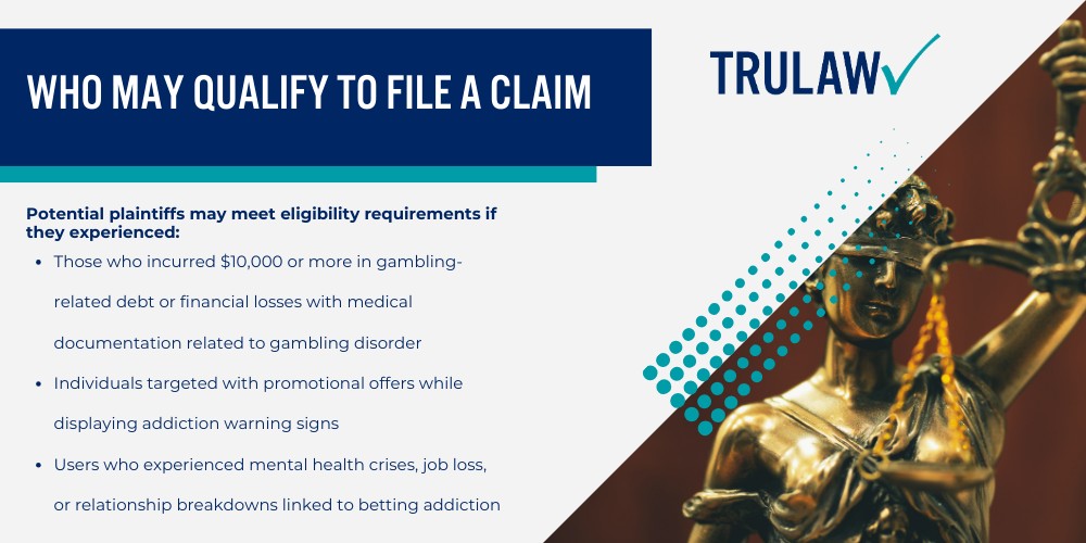 Predatory Features Allegedly Used by Sports Betting Platforms; What Is the Fanatics Sportsbook Lawsuit About; Allegations Against Sports Betting Apps Including Fanatics; How Fanatics Entered the Sports Betting Market; Predatory Features Allegedly Used by Sports Betting Platforms; Behavioral Tracking and Targeted Marketing; Deceptive Promotional Tactics; App Design Features That Foster Addiction; How Fanatics Leveraged Brand Recognition to Attract Users; Established Sports Merchandise Dominance (2); Cross-Platform Rewards Strategy; Warning Signs and Impacts of Sports Betting Addiction; Behavioral Warning Signs of Gambling Addiction; Financial and Personal Consequences; Mental Health Impacts; Legal Options for Individuals Affected by Sports Betting Addiction; Basis for Sports Betting Addiction Lawsuits; Who May Qualify to File a Claim